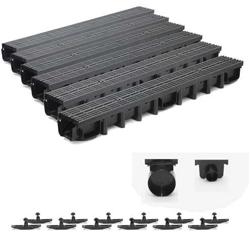 ScarMaxx - 6m Entwässerungsrinne Set - Bodenrinne - Regenwasser Ablauf - Abfluss mit Gitter - A15 Bauhöhe 98mm - Komplett Set - Längsstabrost Line Schwarz - 13x600x9,8cm