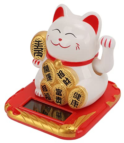 Glomora Chat porte-bonheur à énergie solaire, mini chat porte-bonheur à énergie solaire, joli sourire, Maneki Neko pour voiture, chambre à coucher, bureau (blanc)