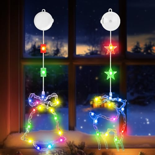 OUILA RGB Weihnachtslichterketten Weihnachtsdeko Fenster, Jingle Bells & Elch Blinkt Weihnachtsbeleuchtung Fenster mit Saugnäpfe & Timer Weihnachtslaterne Beleuchtung Fenster Weihnachten Kinderzimmer