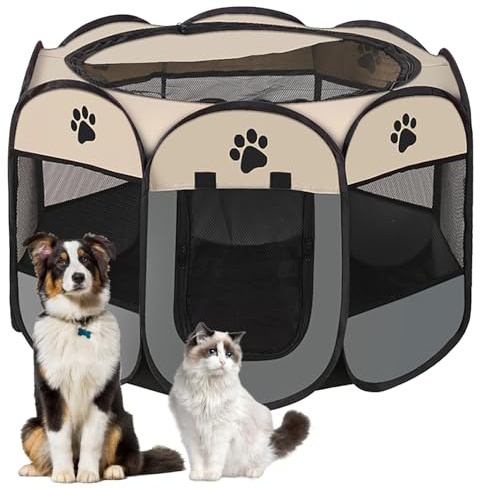 Lighterday Tragbarer Welpenauslauf,Welpenlaufstall Hundebox Faltbar Katzengehege,Wasserdichtes Oxford-Tuch Laufstall Hund,Katzenkäfig Hundekäfig für Katzen,Hunde,Kaninchen(Grau, L, 8)