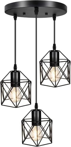 Miyawell Vintage 3-Lichter Deckenleuchte Verstellbare Hängeleuchte Industrielle Flush Mount Deckenleuchte E27 Sockel Schwarz Geometrische Decke Hängelampe für Küche Esszimmer Flur