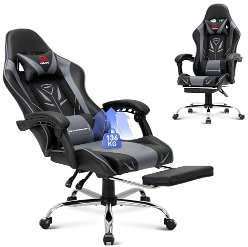 COLAMY Gamingstol, datorstol med fotstöd och ländryggsstöd, höjdjusterbar spelstol med 360° vridsäte och nackstöd, videogamer, PC-stol, ergonomiskt högt ryggstöd, grå