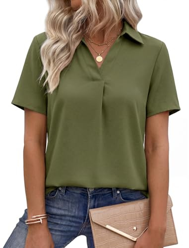 PASUDA Blouse Femme Manches Courtes Été Chemisier Femme Chic et Élégant Haut Col V en Mousseline Couleur Chemise Décontractés Haut Tops Ample T-Shirts Couleur Unie Blouse(Vert,XL)