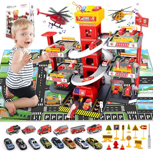 RoserRose Garage Voiture Enfants, Circuit Voiture Enfant, Parking à 5 Étages avec 14 Voitures 2 Hélicoptères, Ascenseur, Lumière, Son et Grande Carte, Cadeaux pour Enfants 3 4 5 6 7 8 Ans (Feu)