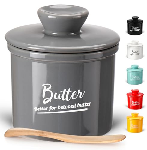 AISBUGER Französische Butterdose,Butterglocke Keramik mit Deckel,Butterdose Wassergekühlt mit Wasserlinie,keramische Butterglocke für Frische und Streichfähige Butter,Grau