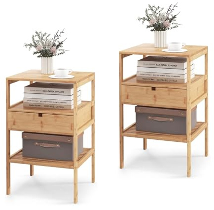 KOMFOTTEU Nachttisch aus Bambus, Besitelltisch mit Schublade & Lattenrostregal, 3 Ebenen Nachtschrank 40 x 40 x 68 cm, Seitentisch für Schlafzimmer Wohnzimmer (2)