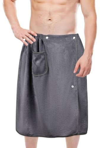Maxmoc Saunahandtuch Herren, Verstellbares Saunatuch mit Taschen und Druckknöpfen, Großes Schnelltrockend Saunahandtuch aus Mikrofaser, Grau (70 x 140 cm)