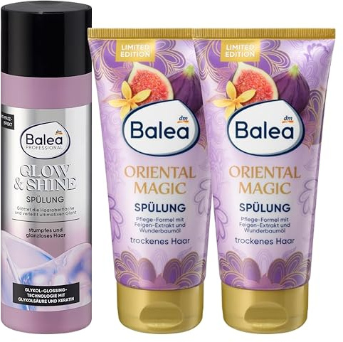 Balea 3er-Set Haarpflege: PROFESSIONAL Spülung GLOW & SHINE Glanzspülung mit Anti-Frizz-Effekt, 200 ml + Conditioner ORIENTAL MAGIC Haarspülung Geschmeidigkeit & natürlicher Glanz, 2 x 200 ml (600 ml)