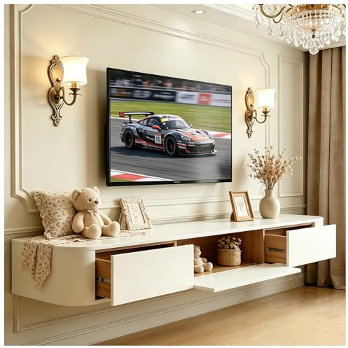 JUNFUNNLE TV Lowboard Hängend 160cm Weiß, Schwebender TV Schrank für Wohnzimmer, Modernes TV Board Hänge mit 2 Schubladen 1 Klappen Türen, Wandmontage TV Möbel (Bereits montiert)
