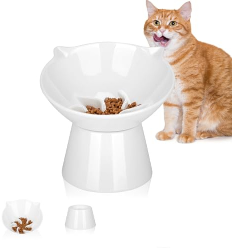 7 Inch Detachable Elevated Slow Feeder Cat Bowl, Extra Wide Tilted Raised Pet Bowl for Wet Food & Dry Food, Whisker-Friendly, Anti-Vomiting for Indoor Cats and Small Dogs (White)