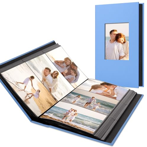 Hiwhy Álbum de Fotos con 600 Bolsillos, Cubierta de Lino y Ventana Personalizable, Apto para Fotos de 10x15 cm, Páginas Negras de Archivo, Gris Verdoso