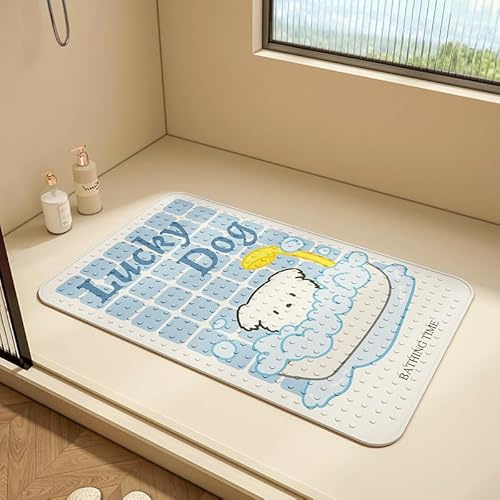 Alfombra Ducha 60X90Cm Cachorro Azul Alfombrilla De Baño Antideslizante Rectangular,Tapete Grande De PVC con Ventosas, Ideal para Ancianos, Adultos, Infantil Y Niños