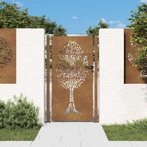 Portail Simple de Jardin, Barrière de Sécurité avec Serrure, Portail Clôture, Ornemental Portillon Jardin, Porte d'Extérieure, 105x205 cm acier corten conception de l'arbre