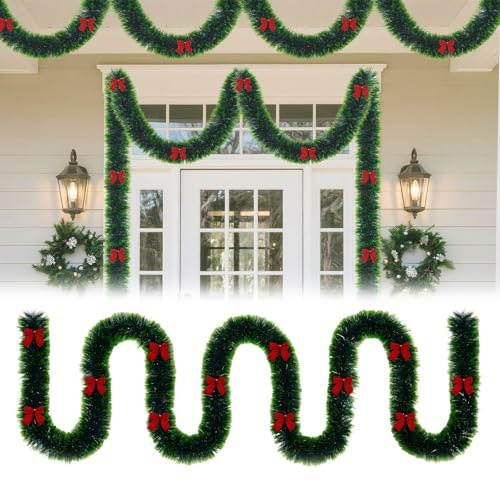UISEBRT Künstliche Weihnachtsgirlande mit 36 roten Schleifen,Weihnachten Girlande Dekogirlande Tannengirlande für Weihnachtsbaum Partyzubehör Garten Hochzeit Decken Kamin Treppe Deko,Grün 12M