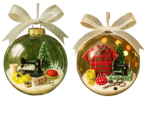 Palla di neve natalizia con macchina da cucire classica e accessori da cucito, decorazione festiva e tutto l'anno