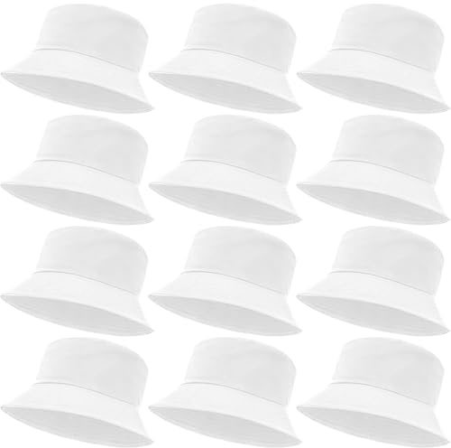 Kaxtde 12 Stück weiße Fischerhüte zum Bemalen, Baumwollmischung, faltbar | Blanko Bucket Hats für Batik, Textilfarbe und DIY – ideal für JGA, Festival, Camping, Gruppenreisen und kreative Workshops