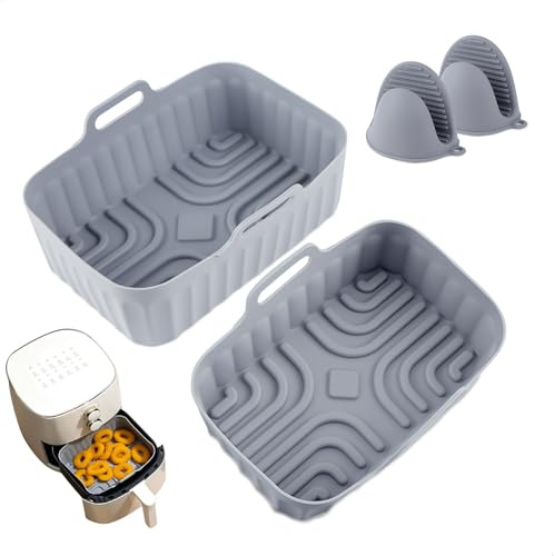 4 Piezas Molde Silicona Freidora de Aire, Reutilizable Accesorios Freidora de Aire, Accesorios Airfryer Con Asas, Moldes Silicona Air Fryer, Recipiente Air Fryer para Microondas, Horno(Gris)