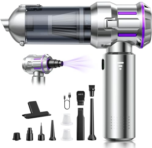 Aspirabriciole Senza Fili, 25000Pa Aspirapolvere Auto con Scarico Polvere Automatico a un Tocco, 4 in 1 Mini Aspirapolvere, Motore Brushless, Aspirazione a 3 Velocità per Peli di Animali, Auto, Casa