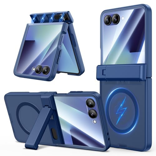 Doeshine Funda para Samsung Galaxy Z Flip 7 [No para Flip 7FE], Compatible con Magnética, Plegable Kickstand y Protección de Pantalla Trasera & Protección de Bisagras, Translúcida Cover (Azul)