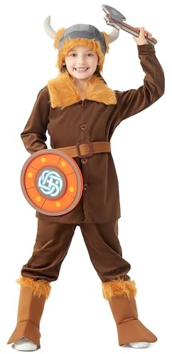 corimori Costume vichingo per bambini, travestimento vichingo con casco, cintura, colletto in pelliccia, ascia e scudo – Nordmann Outfit (110/116)
