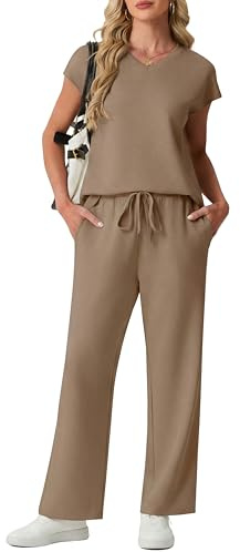 GRECERELLE Conjunto completo de chándal para mujer, de manga corta, de verano, para descansar, conjunto de dos piezas, casual, cuello en V, tops y pantalones deportivos para gimnasio con bolsillos