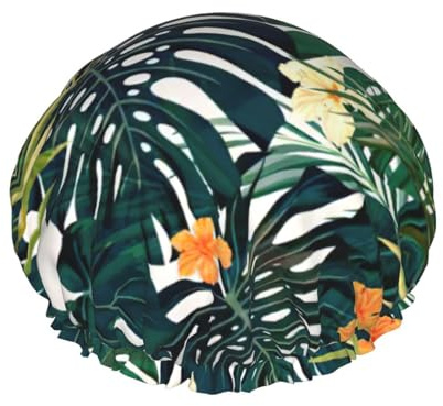 Gorro de ducha tropical de verano con estampado de hojas de palma hawaianas para mujer, reutilizable, impermeable, gorro de ducha de doble capa con correa elástica, talla única