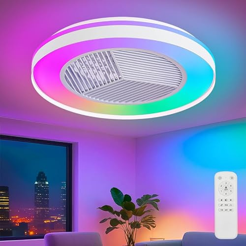 50CM Ventilateur de Plafond RGB,Ventilateur Plafond Avec Lumiere RGB Et Télécommande,Dimmable Lustre Ventilateur de Plafond Silencieux,6 Vitesses Réversible Plafonnier Ventilateur Chambre(Blanc)