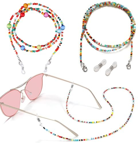 PYRUVAE 2 Pezzi Catenella per Occhiali Donna, Cordino Occhiali in Perline Acriliche Colorate, Laccio Occhiali da Vista e Sole, Porta Occhiali da Collo Elegante per Ragazze e Donne