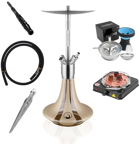 Steamulation Cachimba Ultimate Gold Metallic Gen.I | Shisha de Acero Inoxidable con Manguera de Silicona, Boquilla, Pinza, Cazoleta de Piedra HMD + Hornillo Eléctrico 1000W