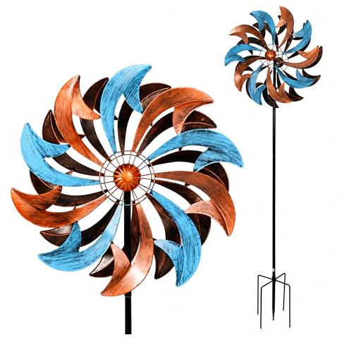 Lemodo Windrad Garten Swirl Blade, Windspiel Garten Metall, 2 gegenläufige Propeller, richtet Sich nach dem Wind aus, 212 cm hoch, 60 cm Durchmesser, Erdspieß, Kupferoptik & Blau, für Beet & Terrasse