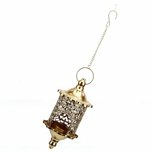 ZJchao Marokkanischer Kerzenhalter, Hängender Teelichthalter, Vintage-Eisen, Handgefertigt, Ausgehöhlt, mit Bezaubernden Mustern für Zuhause, Hochzeit, Terrasse, Dekoration (Gold)