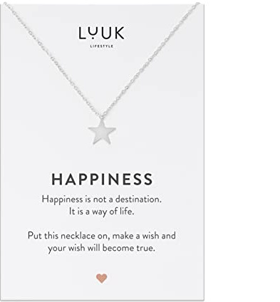 LUUK LIFESTYLE Collana stella con Ciondolo in Acciaio Inossidabile e Carta regalo HAPPINESS, Regali per Lei, Donna, Madre, Catenina in filigrana, Gioiello Elegante, Argento (50cm c.)