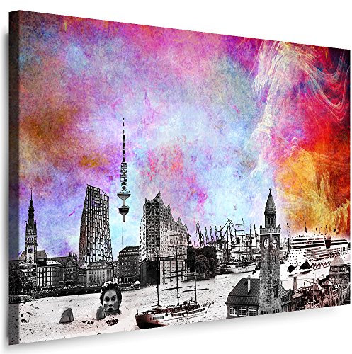 Julia-Art Leinwandbilder Skyline - Bild Hamburg - Wandbild fertig gerahmt - 40 mal 30 cm XXL Kunstdruck - Stadt Leinwand Motive - Verschiedene Varianten Hb-01-1