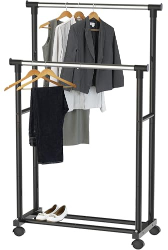 Simple Houseware Double Rods Clothing Hanging Rack on Wheels, Black