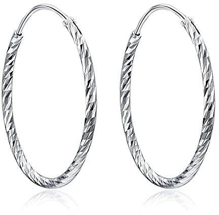 Creole Silber 925 Sterling Silber Diamant-Cut Creolen Runde Ohrringe für Damen Frauen Mädchen Unisex, Durchmesser 50mm