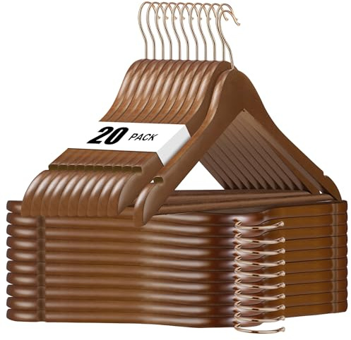 HOUSE DAY Lot de 20 Cintres en Bois Massif Solide Premium Cintres antidérapants encoches d'épaule avec Crochet pivotant à 360° Or Rose pour Costume Manteau, Chemise, Pantalons, Jupes, Brou de Noix