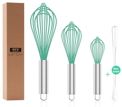 OYV Teal Silicone Whisk Set of 3, 8/10/12 Inch, Non-Scratch, Aqua | BPA-Free Silicone, Heat Resistant Up to 480°F, Stainless Steel Core, Dishwasher Safe, Nonstick-Safe