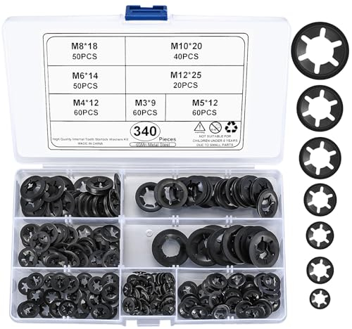 340 Pcs Rondelles de Blocage, Rondelles À Verrouillage, Vitesse Pousser Des Clips De Vitesse Fixations Rondelle - M3/M4/M5/M6/M8/M10/M12, Noir