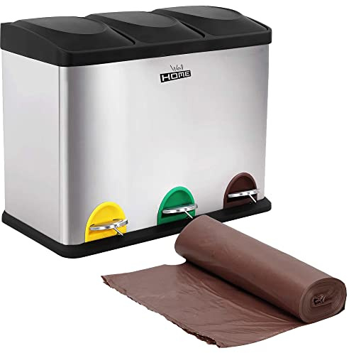 WELL HOME MOBILIARIO & DECORACIÓN Pack de Cubo de reciclaje ecológico 45 litros de 3 compartimentos CON rollo de 20 bolsas de basura de 20 Litros