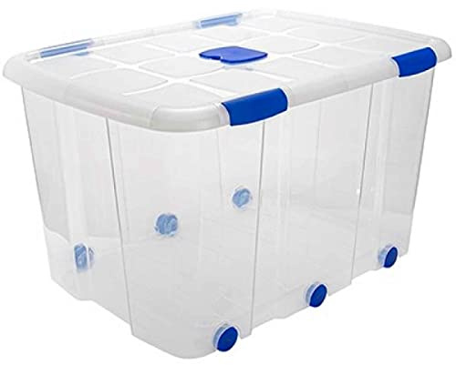 Acan Scatole di immagazzinaggio resistenti, con ruote, 133 l, trasparenti, rettangolari, solidi, in plastica