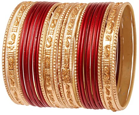 Touchstone Indische Bollywood „Colorful 2 Dozen Bangle Collection“ Golden Glitters texturiert Maroon Farbe Designer-Schmuck spezielle Armreifen Armbänder Set von 24 in Gold Tone für Frauen.