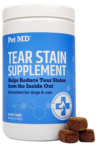 Pet MD Tear Stain Remover for Dogs & Cats - Antioxidant Eye Care Supplement with Lutein, Cranberry, & Omega 3 & 6 - Cat & Dog Tear Stain Remover Chews for White & Light Fur - 60 ct