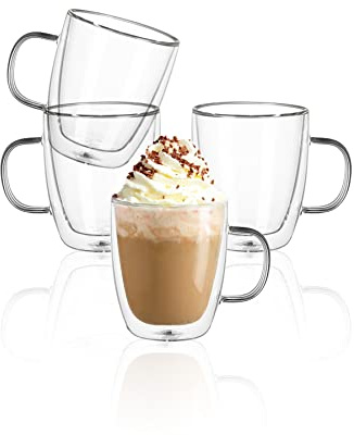 Sweese 12.5oz Borosilicate Glass Coffee Mugs Set of 4 - Double Walled, Clear Cups for Espresso, Latte, Tea