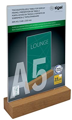 Sigel TA254 Tischaufsteller A5 hoch, mit Eichenholz-Sockel, glasklares Acryl, Holz FSC-zertifiziert, Werbeaufsteller