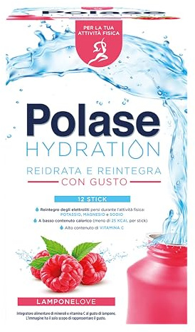 Polase Hydration, Integratore Alimentare Sali Minerali con Magnesio e Potassio e Vitamina C, Per la Tua Attività Fisica, Reidrata e Reintegra, Senza Glutine, Gusto Lampone, 12 sticks​