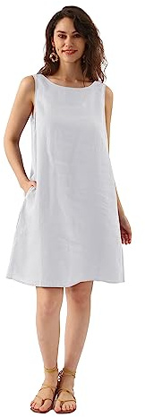 Amazhiyu Abito in Lino da Donna, Senza Maniche, Abito Estivo da Spiaggia, A Linea, Abito da Donna, Estivo, a Maniche Lunghe, Girocollo, Abito da Tempo Libero, Con Tasche, bianco, L