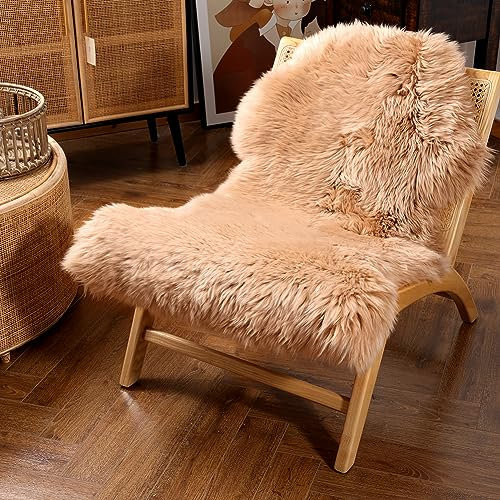 IRIWOOL Premium Genuine Sheepskin Area Rug, Real Australian Sheepskin Fur Rug, Luxury Fluffy Lambskin Fur Carpet Seat Covers for Kids Bedroom, Sofa Chair Cover (Light Brown, Double Peel/2' x 3')