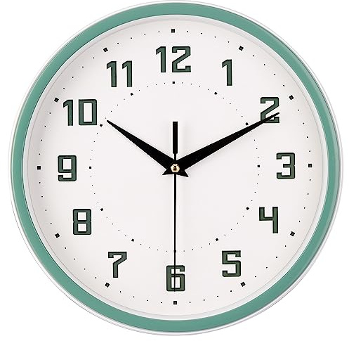 Topkey Silent Round Wall Clock Kitchen 9 Inch Modern style Non-ticking Decorative Bedroom Office Study Room Kitchen Wall Clock- Green