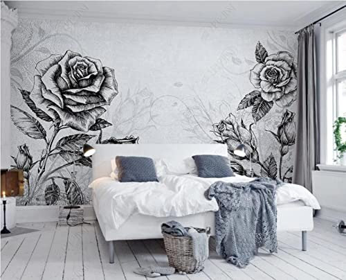 Papier Peint Panoramique Roses En Noir Et Blanc 3D Poster Mural pour Salon Chambre Décoration Murale