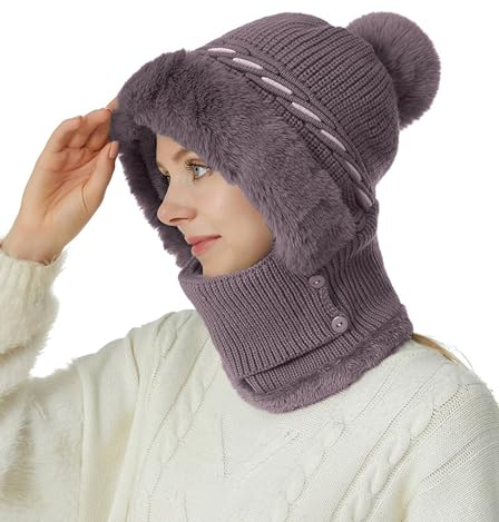 crazy bean Wintermütze Strickmütze Nackenwärmer Winter Stricken Mütze Damen Gesichtsabdeckung Warme Kopfhaube Outdoor (Lila)